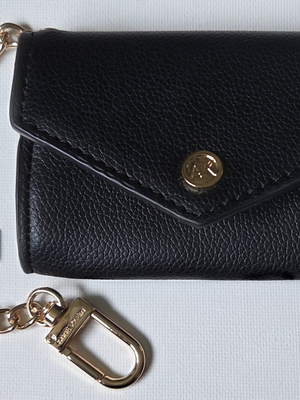 Anne Klein Black Pebbled Mini Wallet Card Case Gold Hardware and Pendant Charm